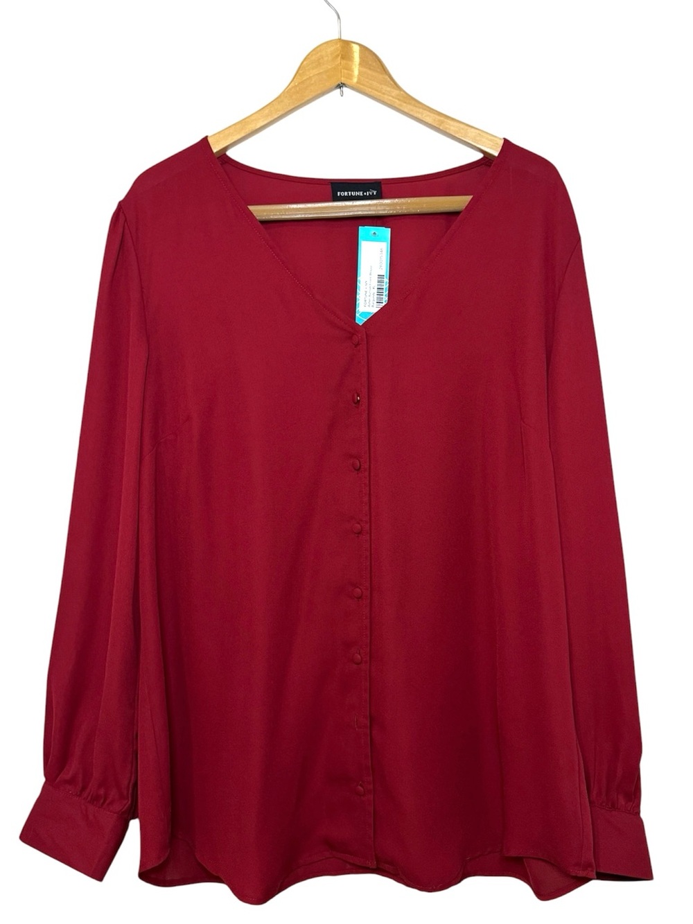 NWT Fortune & Ivy Womens Asher Button-Front Blouse Burgundy Size XL Career